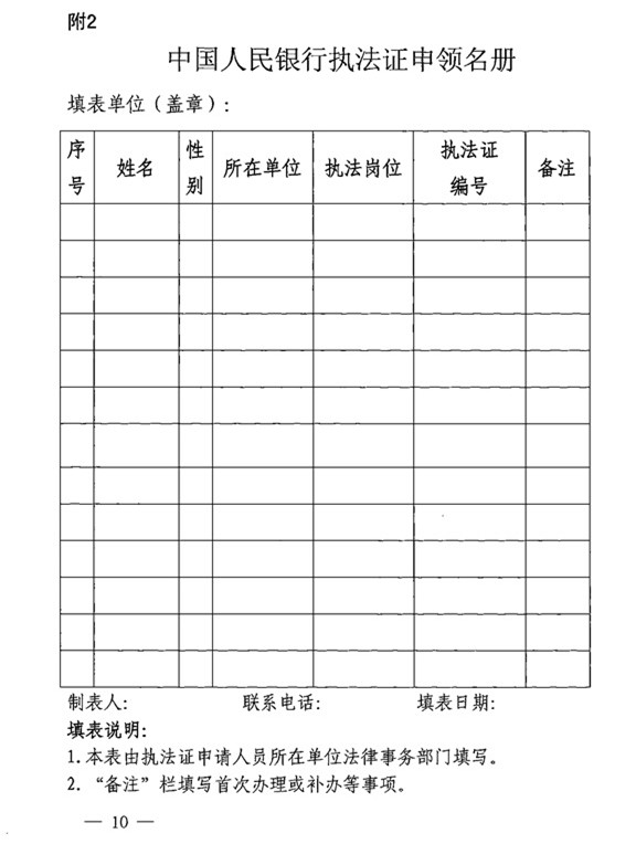 中國人民銀行執法證申領(lǐng)名冊