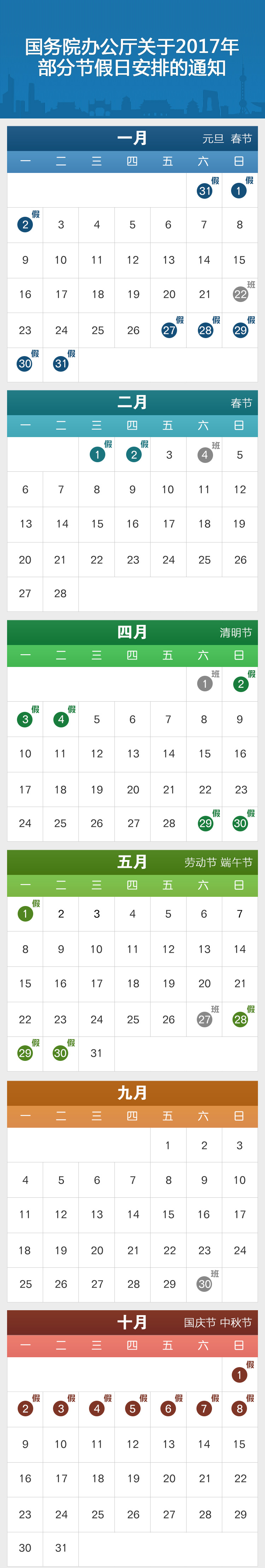 國辦發(fā)明電〔2016〕17號《國務(wù)院辦公廳關(guān)于2017年部分節假日安排的通知》【附日歷圖示】