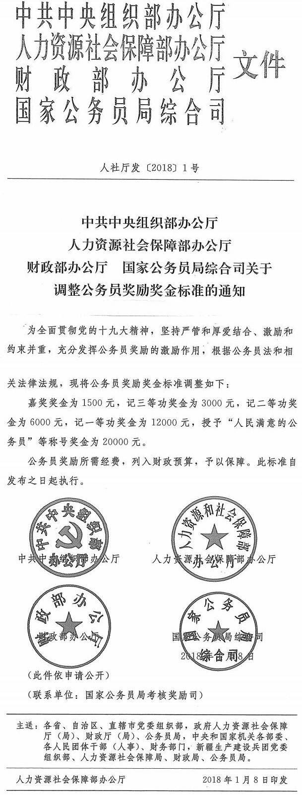 人社廳發(fā)〔2019〕1號《中共中央組織部辦公廳 人力資源社會(huì )保障部辦公廳 財政部辦公廳 國家公務(wù)員綜合體關(guān)于調整公務(wù)員獎勵獎金標準的通知》（全文）